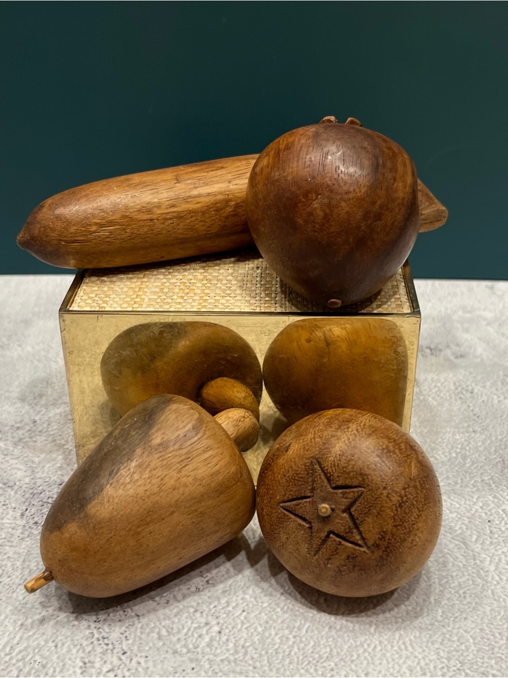 Mid Century Modern Hand Carved Wood Tropical Fruit Set 4 Vintage Decor